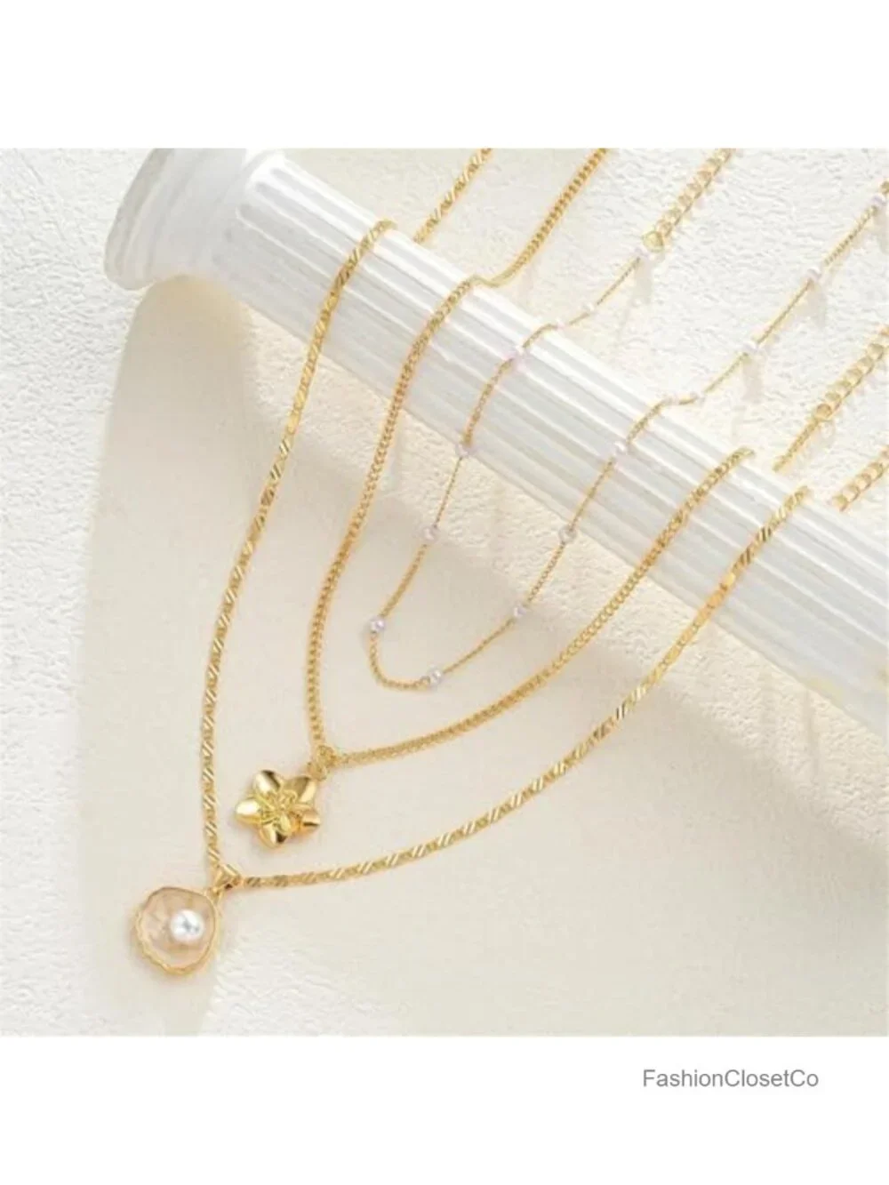 Gold Plated Shell Flower Charm Necklace Layered Boho Seashell Starfish Pearl